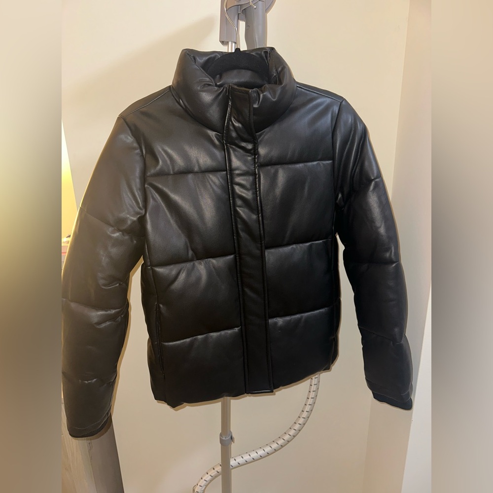 Leather puffer coat.